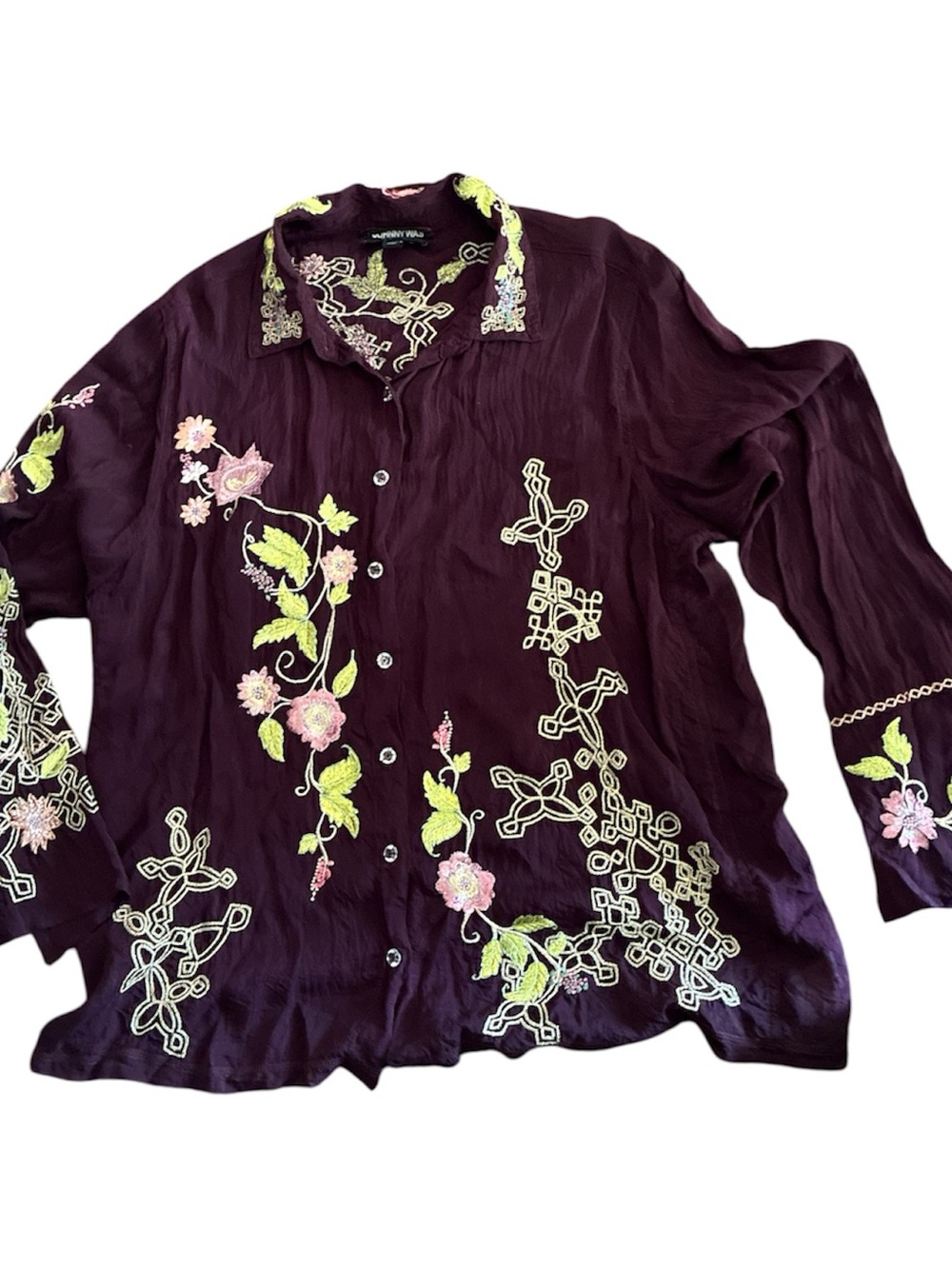 Johnny Was Plum Embroidered Button-Down Shirt - Picture 4 of 11